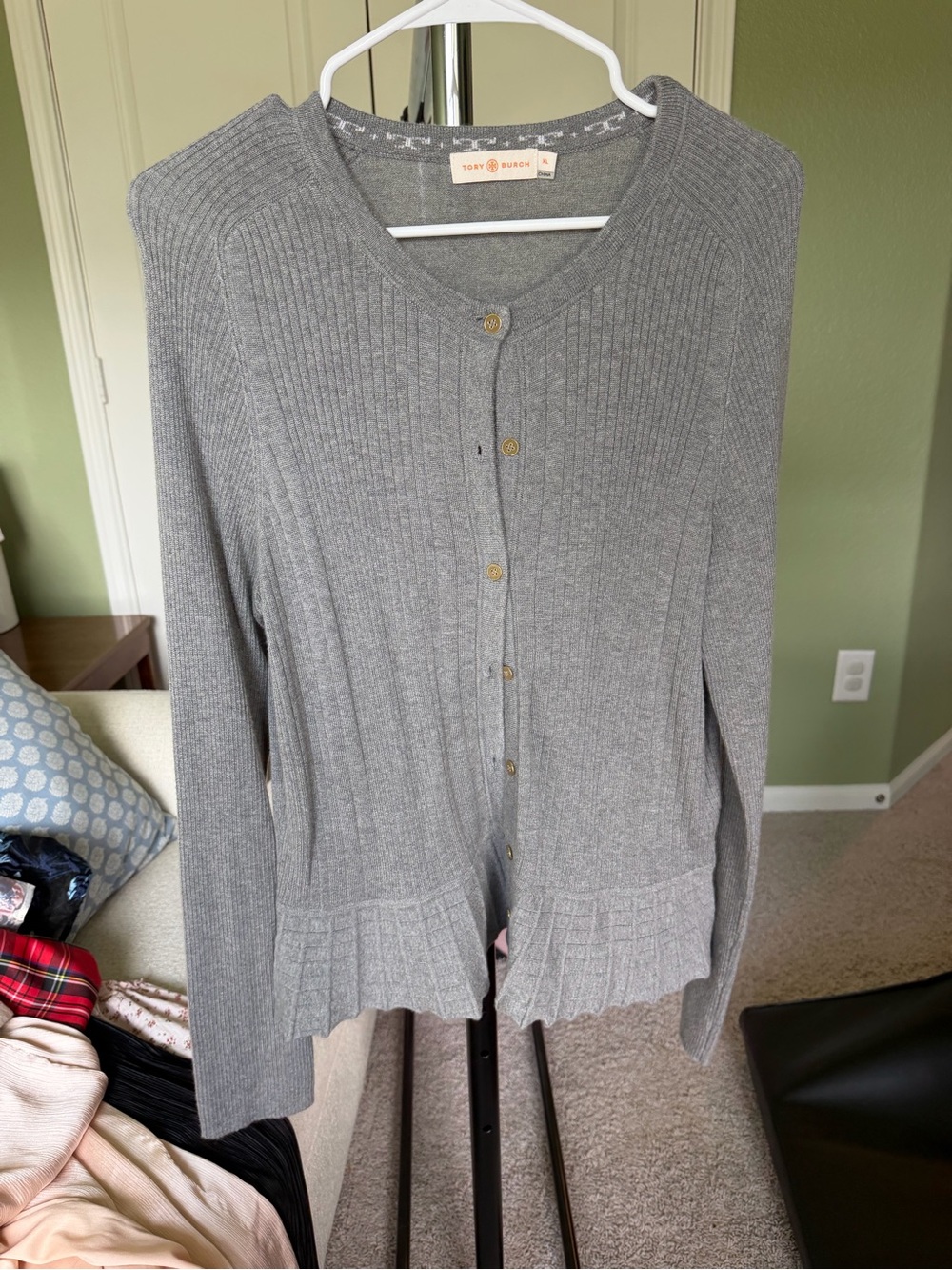 Tory Burch Light Gray Ribbed Button-Front Cardigan